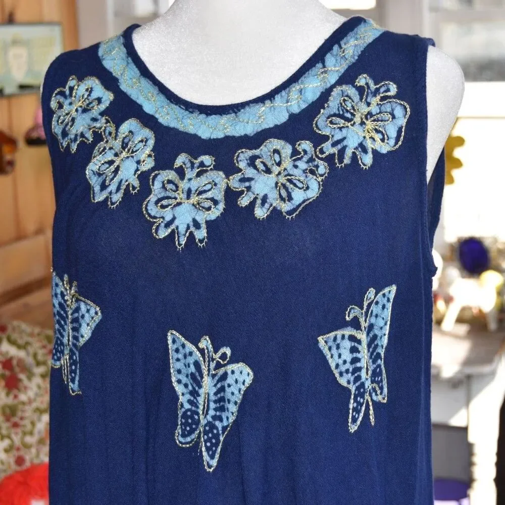 Vintage 90s Butterfly Viscose Dress Blue Boho India Free Size
